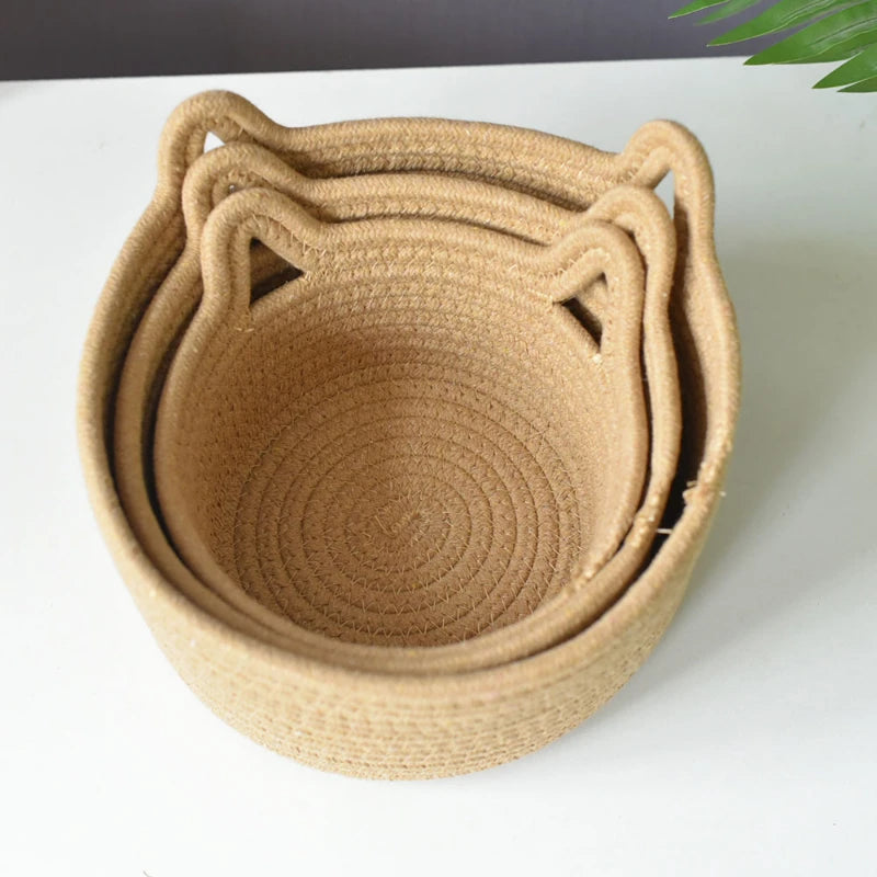 Handmade Cat Ear Storage Basket Cotton Woven Flower Laundry Bag Clothes Toy Storage Bathroom Bedroom Organizer for Home Decor