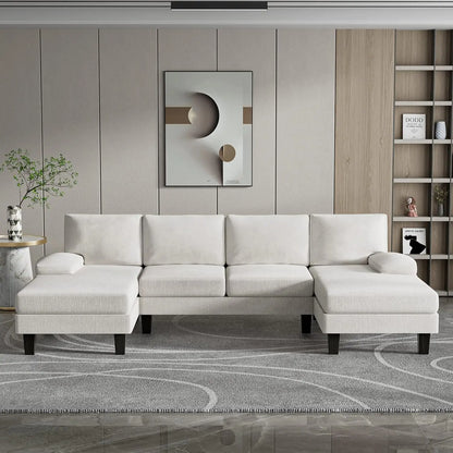 Living Room with Throw Pillows, U-Shaped Modern Minimalist Fabric Modular Sofa with Double Chaise & Memory Foam (White)