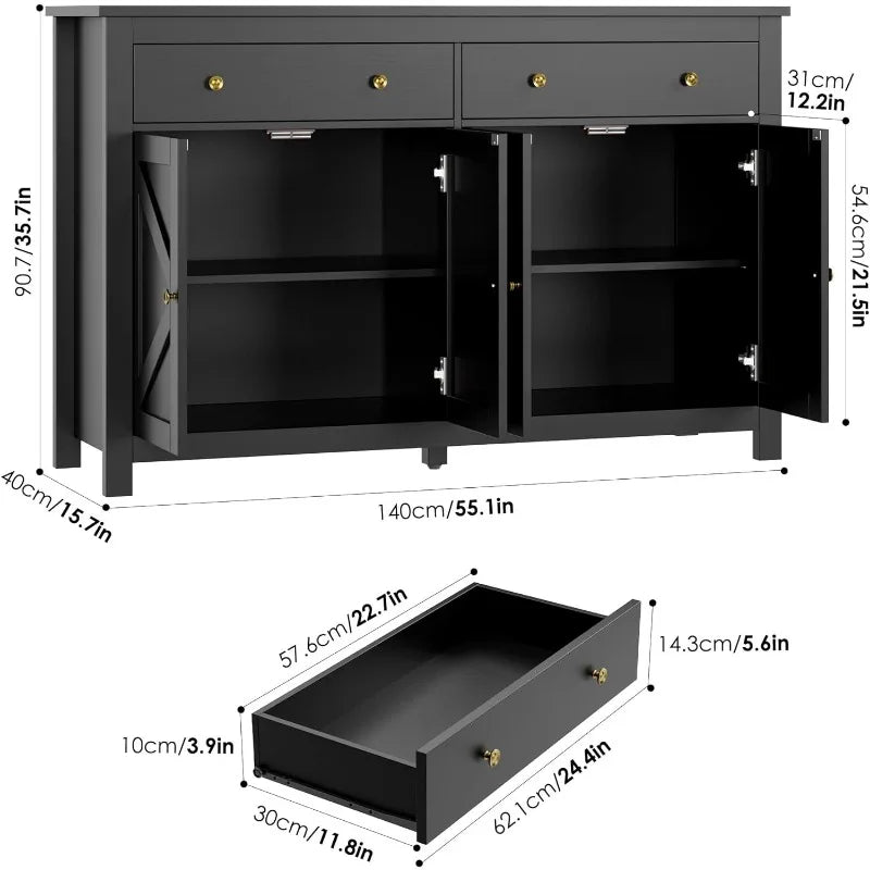 FOTOSOK Black Sideboard Buffet Cabinet with Storage, 55.1" Large Buffet Cabinet Kitchen Cabinet with 2 Drawers and 4 Doors