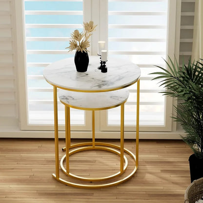 White Marble Nesting Coffee Table for Small Place 24 in 2 Sets High Side End Sofa Table Nightstand Modern Furniture Living Room