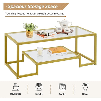 Yaheetech Gold Coffee Table, 42" Rectangular Glass Coffee Table for Living Room, 2-Tier Center Tea Table with Metal Frame