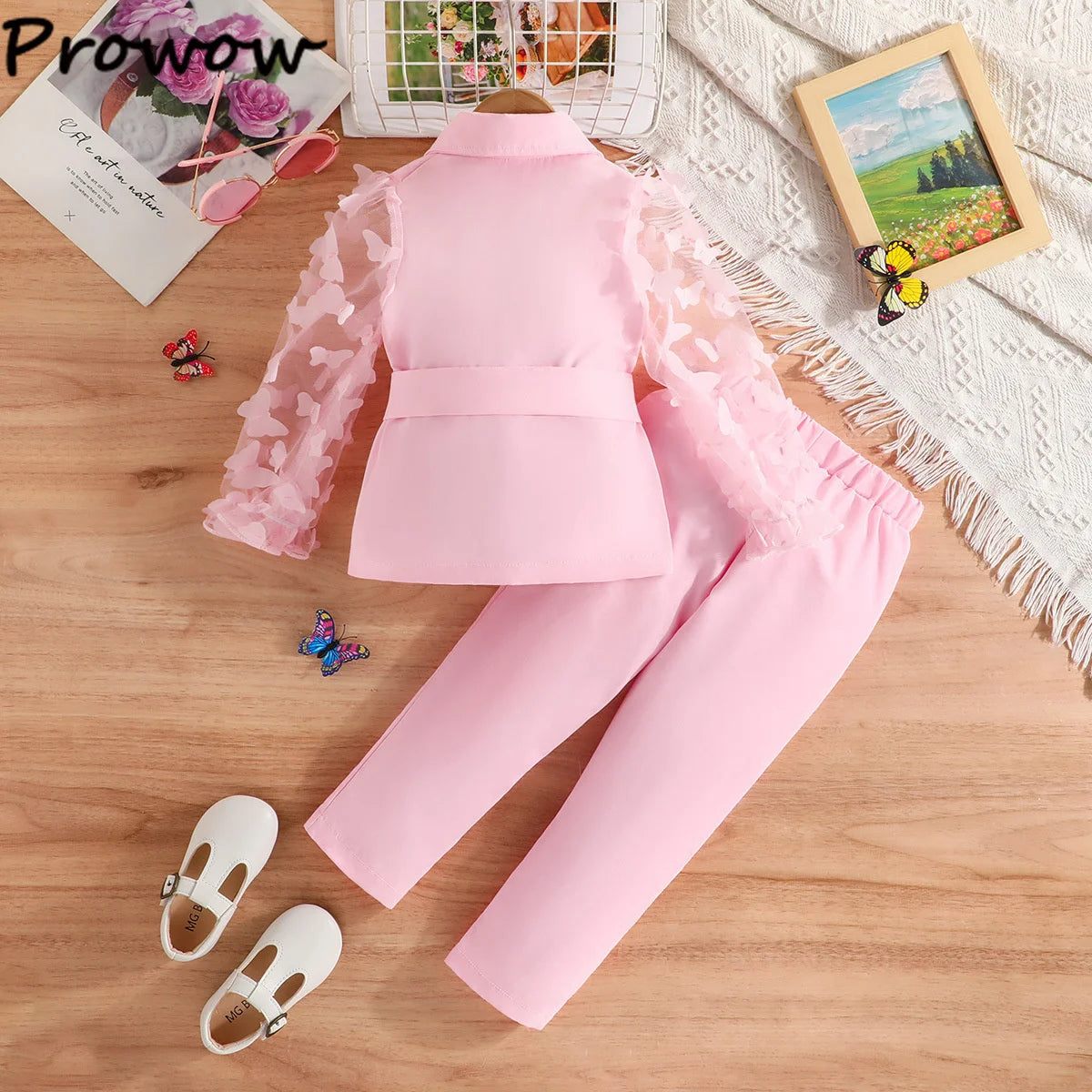 Prowow Children's Suit For Girls Blazer Luxury Clothing Turn-Down Collar Butterfly Sleeve Jacket+Pink Pants Kids Clothes Girls