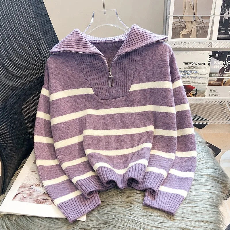 Casual Stripe Knitted Sweater 2023 Spring Autumn Fashion Vintage Half Zipper Pullover Women's Short Tops Loose Chic Sweaters