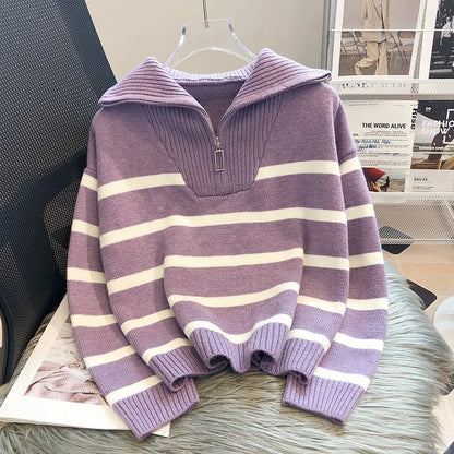 Casual Stripe Knitted Sweater 2023 Spring Autumn Fashion Vintage Half Zipper Pullover Women's Short Tops Loose Chic Sweaters