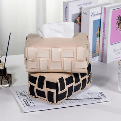 Modern European Woven Leather Tissue Box Fashion Checkerboard Living Room Tabletop Cardboard Box Car Storage Box