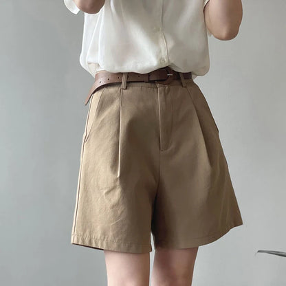 MEXZT Belt Pure Cotton Shorts Women High Waist Wide Leg A Line Suit Shorts Office Lady Solid Loose Casual All Match Short Pants