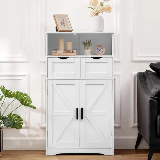 Floor Storage Cabinet with 2 Adjustable Drawers & 2 Barn Doors, Standing Cupboard with 2 Shelf, for Living Room, Home Office