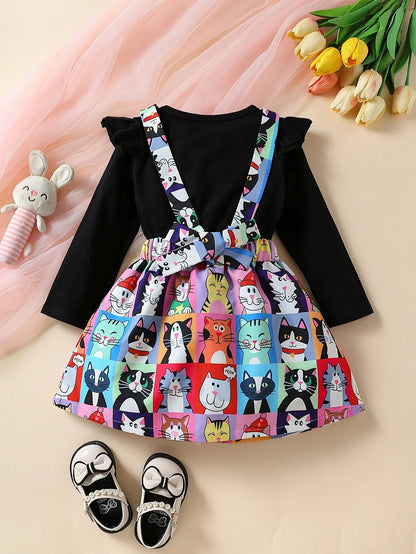 Toddler Girl Clothes Spring Autumn Ruffles Long Sleeve Shirt CARTOON Cat Print Suspender Skirt Kids Children 2Pcs Outfits Set