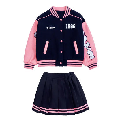 Junior Girls Autumn Baseball Suits Jacket & Pleated Skirt 2 Pcs Outfits School Uniform Sets Kids Sports Casual Clothing 7-14Y