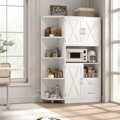 60.4" Farmhouse Kitchen Pantry Storage Cabinet, Freestanding Hutch with Doors & Shelves,Coffee Bar with Drawers