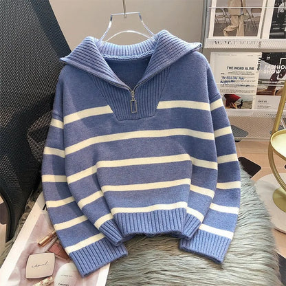 Casual Stripe Knitted Sweater 2023 Spring Autumn Fashion Vintage Half Zipper Pullover Women's Short Tops Loose Chic Sweaters