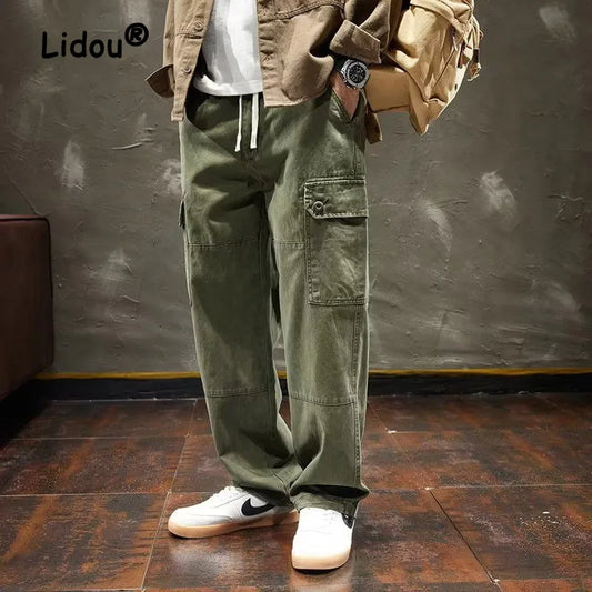 Men's Casual Solid Color Large Pocket Waist Drawcord Cargo Pants Classic Handsome Straight Cylinder Solid Color Male Mop Pants