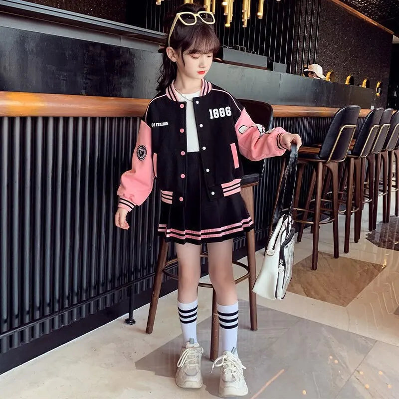 Junior Girls Autumn Baseball Suits Jacket & Pleated Skirt 2 Pcs Outfits School Uniform Sets Kids Sports Casual Clothing 7-14Y