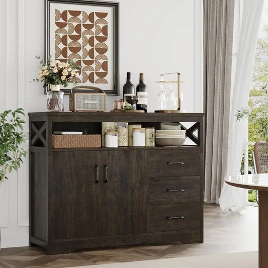 Modern Farmhouse Sideboard Buffet Cabinet, Kitchen Buffet Storage Cabinet with Drawers and Shelves, Wood Coffee Bar Cabinet