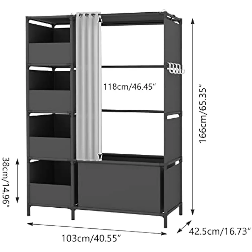 MOYIPIN Portable Wardrobe Storage Closet, Clothes Storage Cabinet with Curtain, for Living Room, Bedroom, Clothes Room, Black