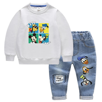 Fashion Baby Boys Cotton Clothing Sets Kids Cartoon Mickey Mouse Long Sleeve Tops + Jeans Pants 2Pcs for Children Tracksuits