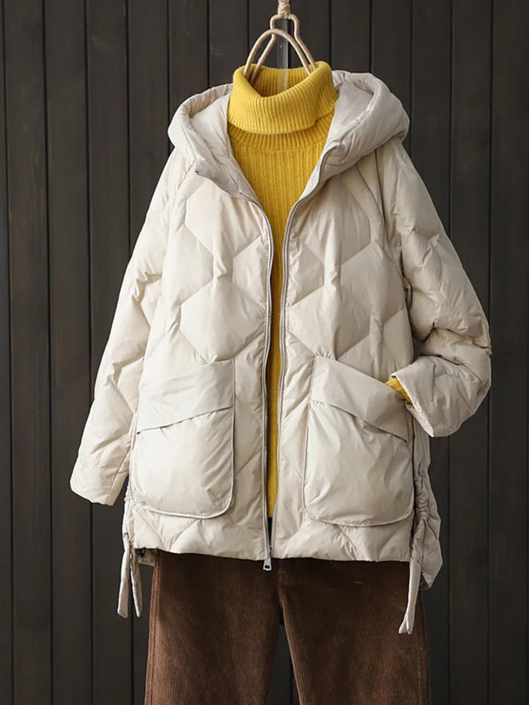 Lagabogy 2023 New Winter Women 90% White Duck Down Jacket Casual Loose Fashion Outwear Hooded Puffer Coat Short Light Warm Parka