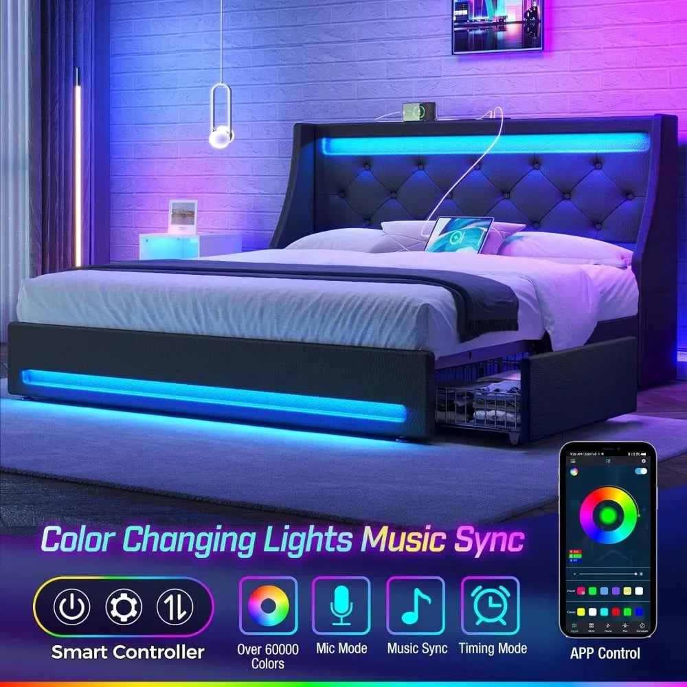 Twin Size Bed Frame with LED Lights and Charging Station, Upholstered Bed with Drawers, Wooden Planks, and Easy To Assemble