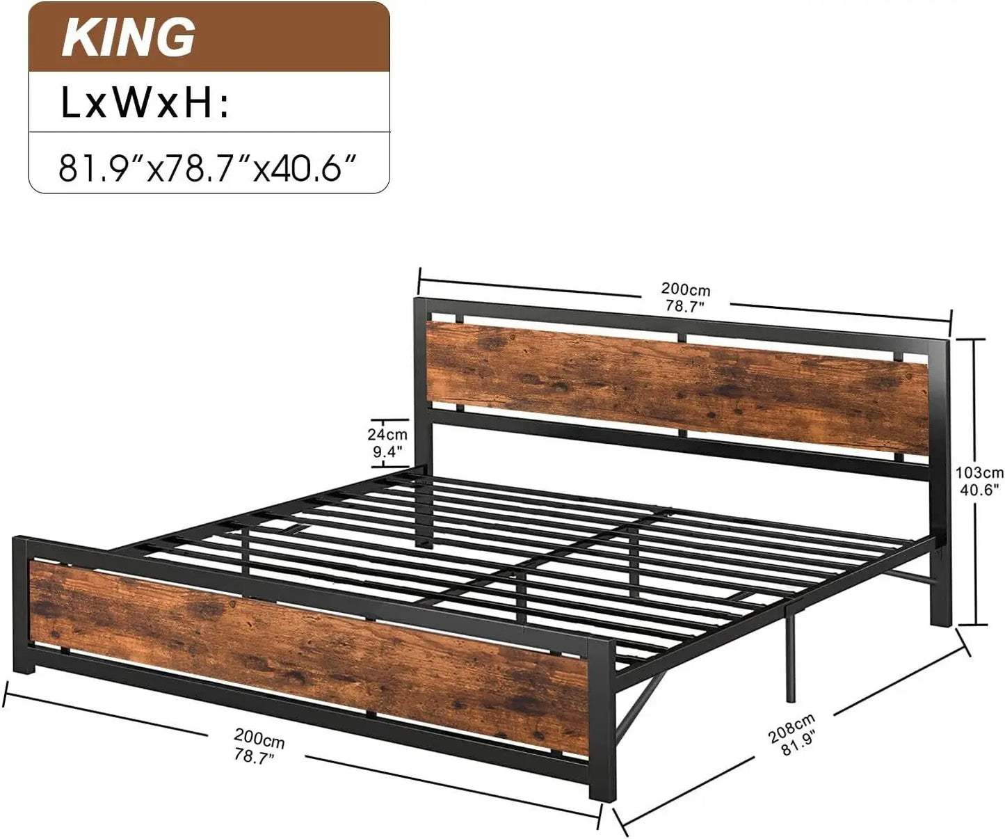 King size industrial style design with wooden platform bed, metal frame bed, bedroom double bed, single bed, adults or teenagers