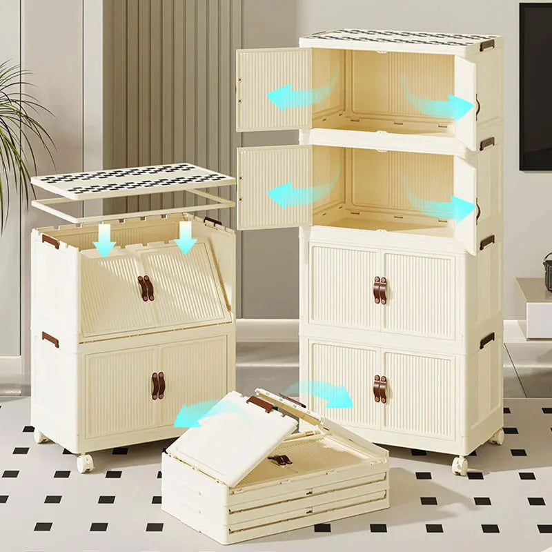 Removable Stackable Folding Storage Box with Wheels Clothes Toys Sundries Storage Boxes for Living Room Bedroom Display Cabinet