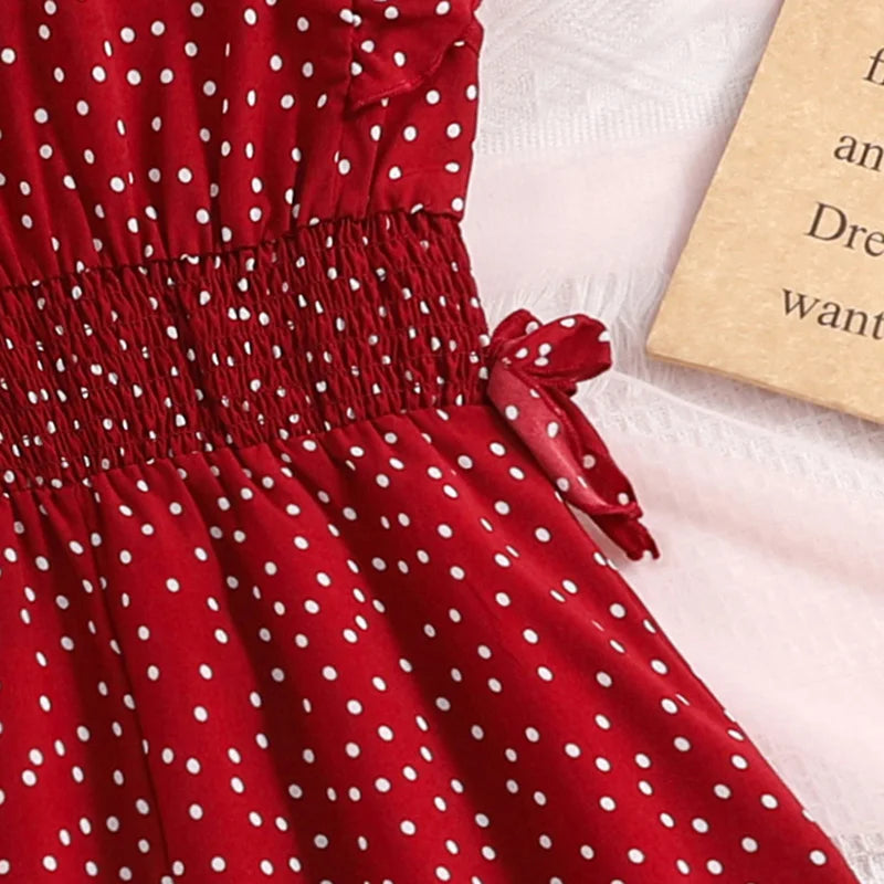 Girl Dress Summer New Red Classic Retro Dot Dress Vacation Holiday Daily Casual Birthday Party Fashion For 8-12Ys Kids Outfit