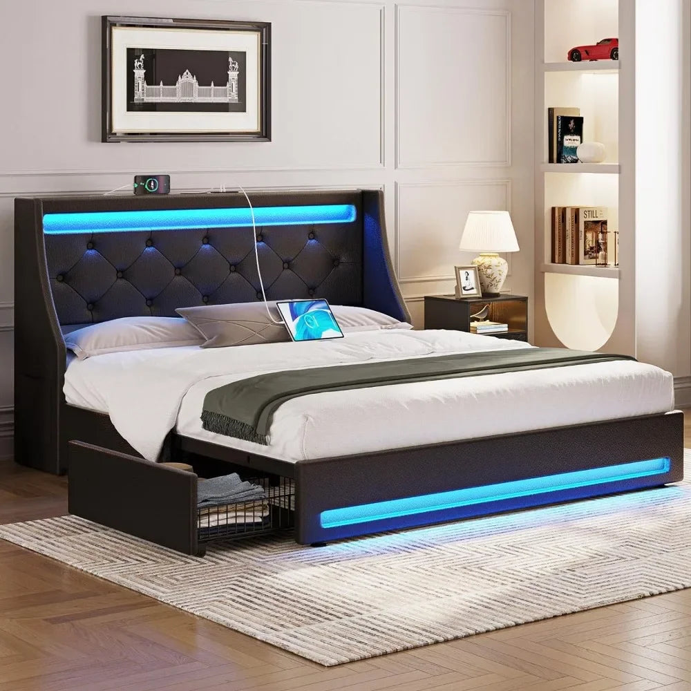 Twin Size Bed Frame with LED Lights and Charging Station, Upholstered Bed with Drawers, Wooden Planks, and Easy To Assemble