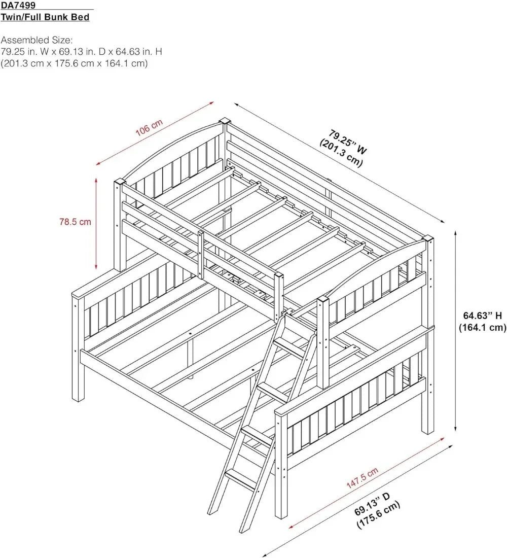 Dorel Living Airlie Solid Wood Bunk Beds Twin Over Full with Ladder and Guard Rail, White