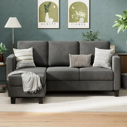 Convertible Sectional Sofa,3 Seat L-Shaped Sofa with Linen Fabric,Movable Ottoman Small Couch,Living Room and Dark Gray Couch