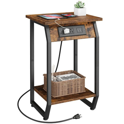 Side Table Vintage End Table with USB Charging Ports and Outlets for Small Space in Living Room Bedroom Bedside Nightstand