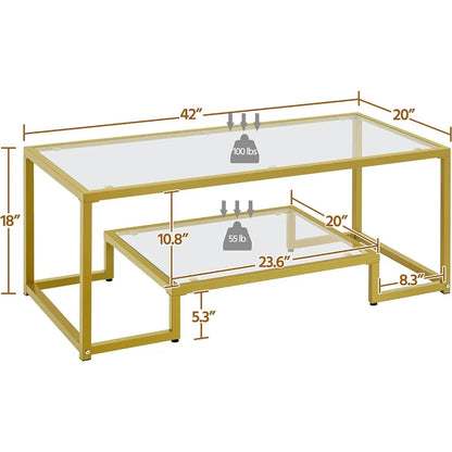 Yaheetech Gold Coffee Table, 42" Rectangular Glass Coffee Table for Living Room, 2-Tier Center Tea Table with Metal Frame