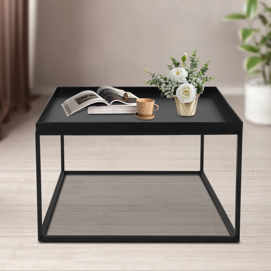 Square Metal Tray Side Table, Black Matte Small Coffee End Table with Frame for Living Room, Balcony, Bedroom