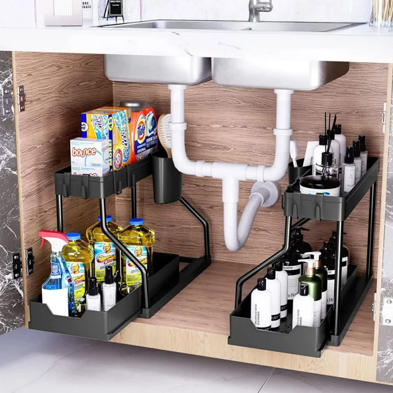 2 Tier Under Sink Storage Organizer Sliding Drawer Multipurpose Rack Cabinet Under Sink Storage Rack Bathroom Kitchen Organizer