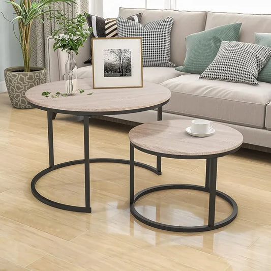 Industrial Round Coffee Table Set of 2 End Table for Living Room,Wood Look Accent Furniture with Metal Frame