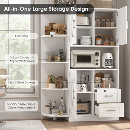 60.4" Farmhouse Kitchen Pantry Storage Cabinet, Freestanding Hutch with Doors & Shelves,Coffee Bar with Drawers