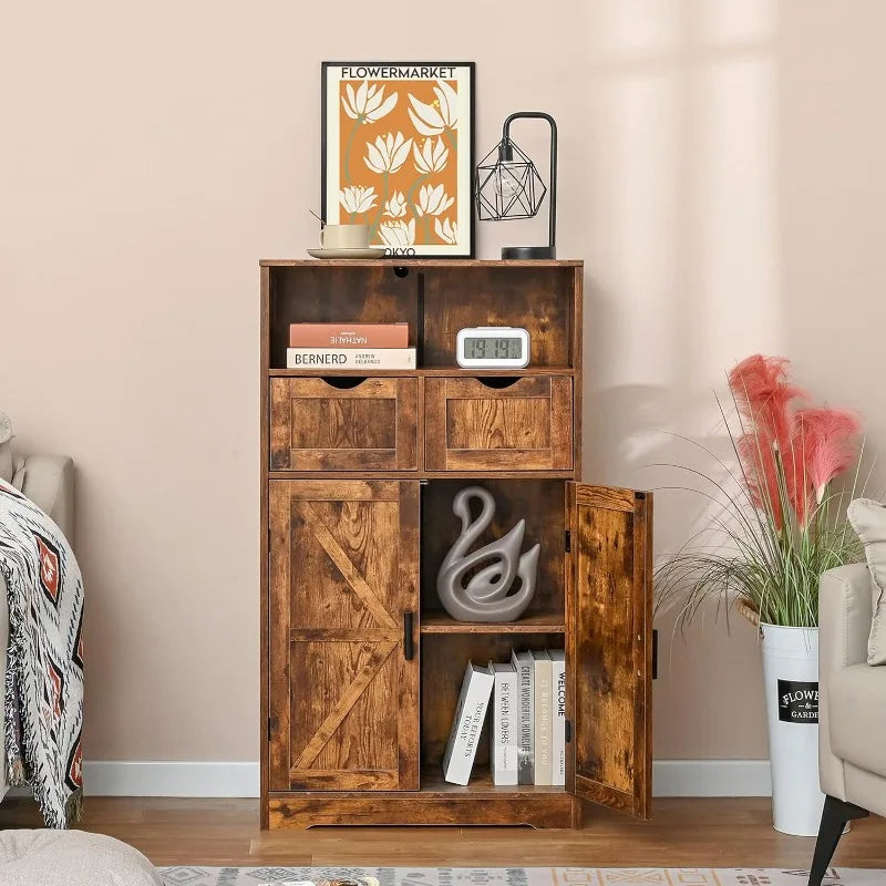 Floor Storage Cabinet with 2 Adjustable Drawers & 2 Barn Doors, Standing Cupboard with 2 Shelf, for Living Room, Home Office