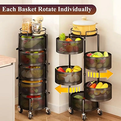 Fruit and Vegetable Basket Bowls for Kitchen with Metal Top Lid, SNTD 5 Tier Rotating Storage Rack Cart for Potato Onion Bread