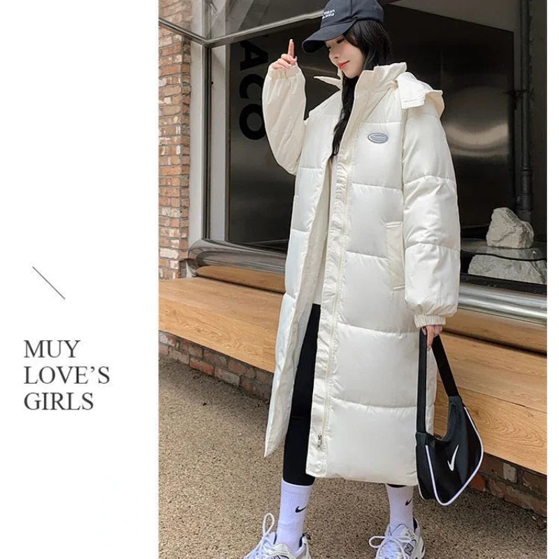 Thicken Warmer Pocket Long Parka Women Autumn Winter Puffer Jacket Zipper Korean Over The Knee Cotton-padded Jacket Black White