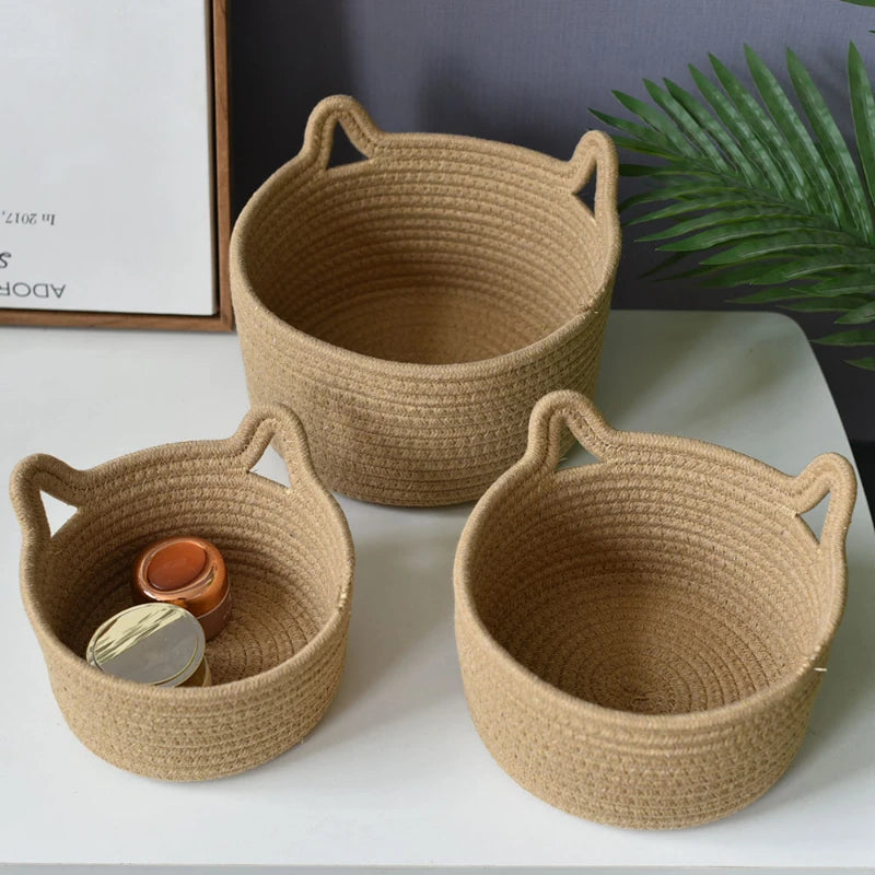 Handmade Cat Ear Storage Basket Cotton Woven Flower Laundry Bag Clothes Toy Storage Bathroom Bedroom Organizer for Home Decor