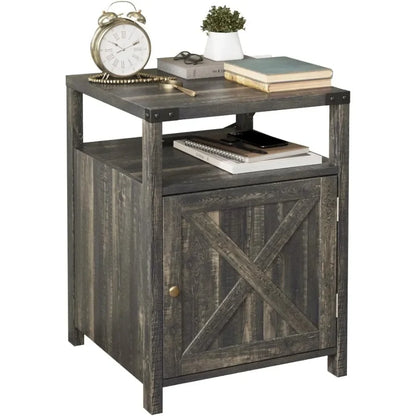 Farmhouse Nightstand with Charging Station, Rustic End Table Bedroom with Storage Living Room Side Table Dark Oak Night Stand