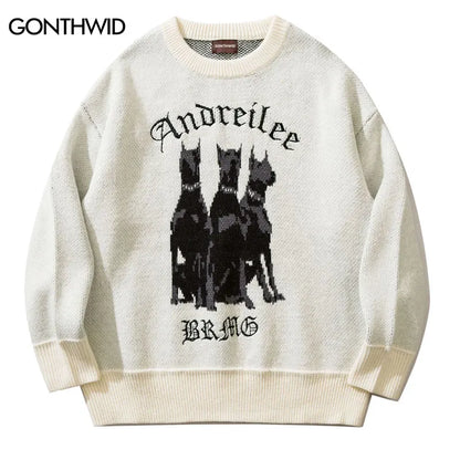 Men Vintage Sweater Y2K Streetwear Hip Hop Vintage Knitted Doberman Dog Sweaters Autumn Harajuku Fashion Retro Casual Sweaters