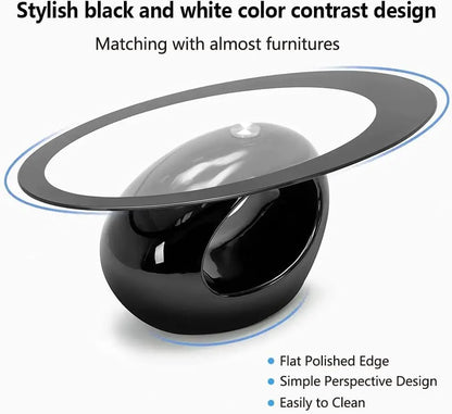 Contemporary Black Oval Glass Coffee Table with Round Hollow Base-Modern End Side Table for Home Living Room Furniture