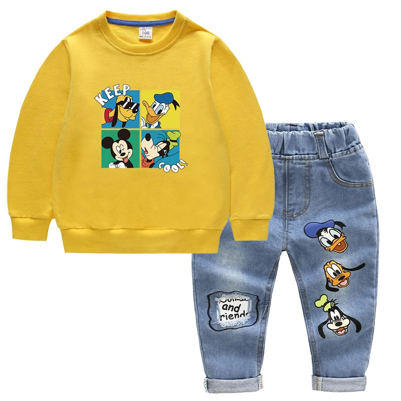 Fashion Baby Boys Cotton Clothing Sets Kids Cartoon Mickey Mouse Long Sleeve Tops + Jeans Pants 2Pcs for Children Tracksuits