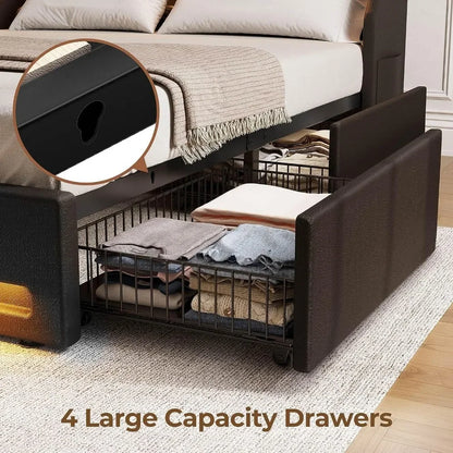 Twin Size Bed Frame with LED Lights and Charging Station, Upholstered Bed with Drawers, Wooden Planks, and Easy To Assemble