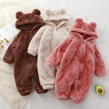 Thick Warm Baby Cute Winter Infant Jumpsuits Hooded Coral Fleece Bear Shape Newborn Soft Pajamas Overalls Clothing