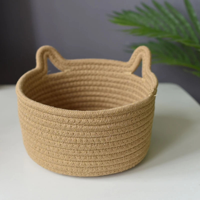 Handmade Cat Ear Storage Basket Cotton Woven Flower Laundry Bag Clothes Toy Storage Bathroom Bedroom Organizer for Home Decor