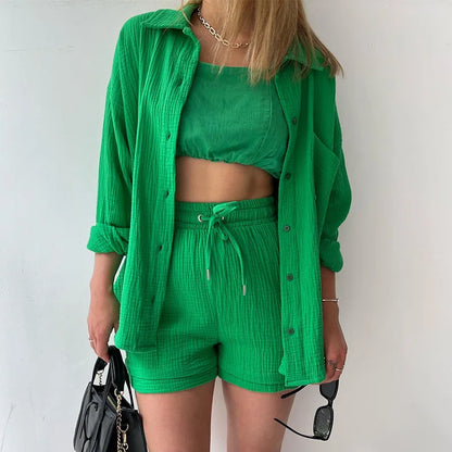 Solid Pleated Two Piece Set for Women 2023 Summer Women's Two Piece Casual Long Sleeve Short Sets Fashion Button Outfits Suit