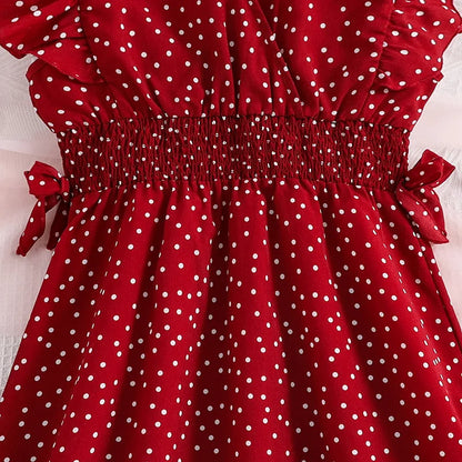 Girl Dress Summer New Red Classic Retro Dot Dress Vacation Holiday Daily Casual Birthday Party Fashion For 8-12Ys Kids Outfit