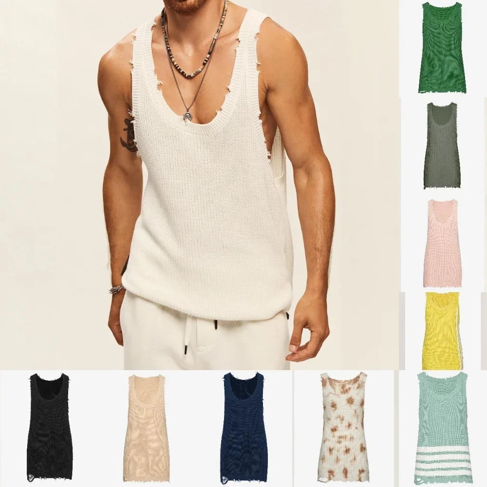 Men's Knitted Sleeveless Vest Loose Casual Top Streetwear Men Fashion T-shirt Summer Casual O-Neck Male Tank Top