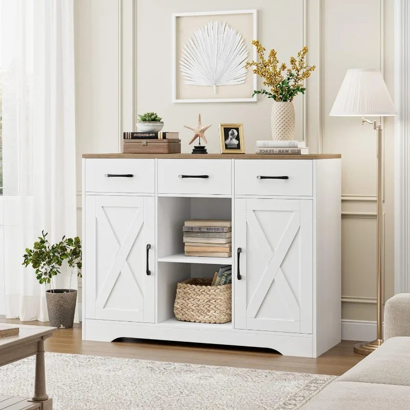 Modern Farmhouse Buffet Storage Cabinet, Barn Doors Wood Sideboard with Drawers and Shelves For Coffee Bar, Kitchen, Dining Room