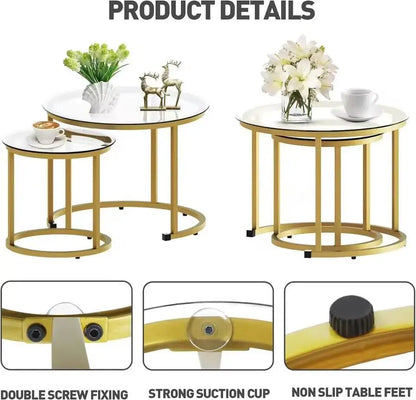 Gold Nesting Coffee Table Set of 2, Small Glass Nesting Tables for Living Room Bedroom, Accent Tea Table with Metal Frame